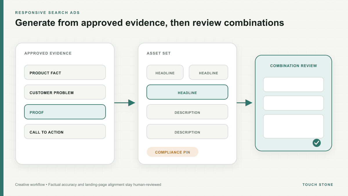 Modular responsive search ad assets assembling into a reviewed ad with compliance pins and an approval shield