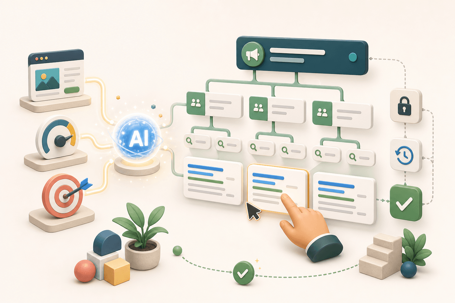 AI 将网站、预算和营销目标转换为广告系列结构,并由用户编辑、锁定、恢复和审核